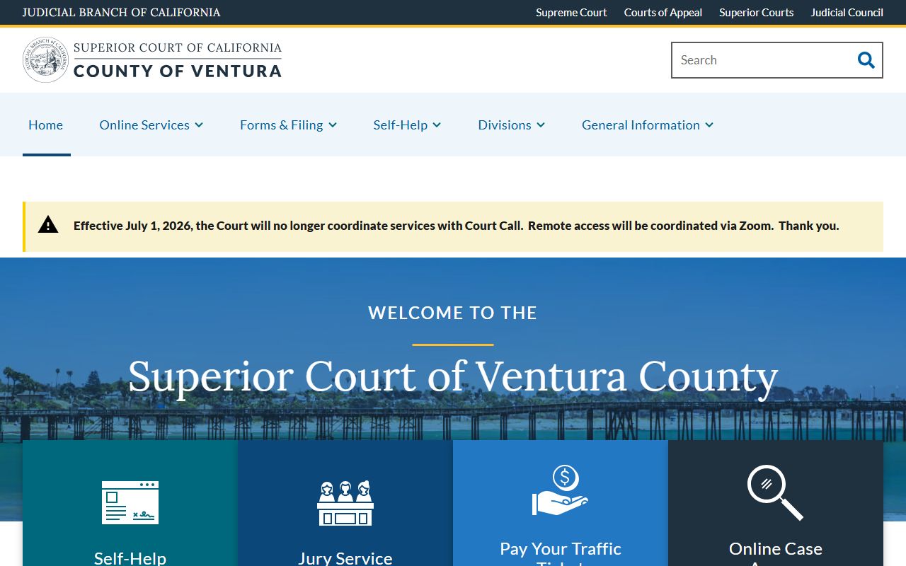 Ventura Superior Court homepage used for Ventura County court records search