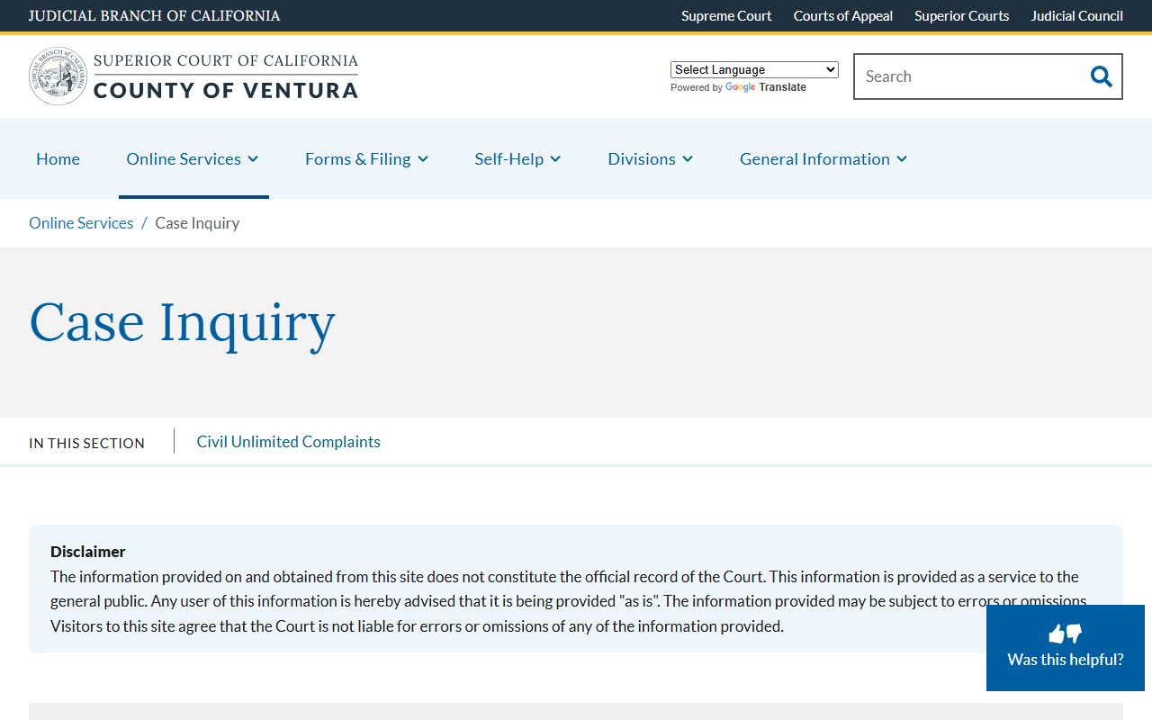 Ventura County court records case inquiry landing page