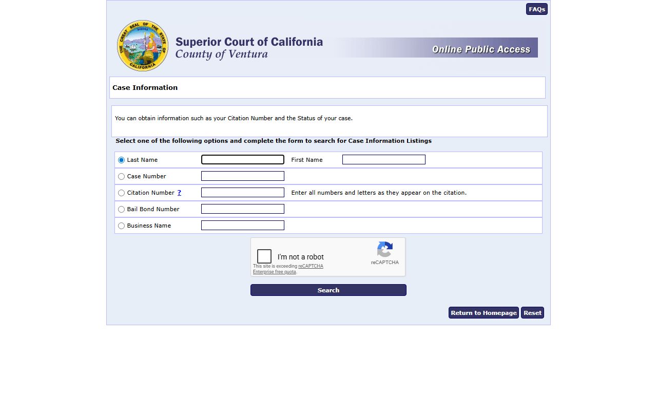 Ventura County court records criminal and traffic case inquiry search form