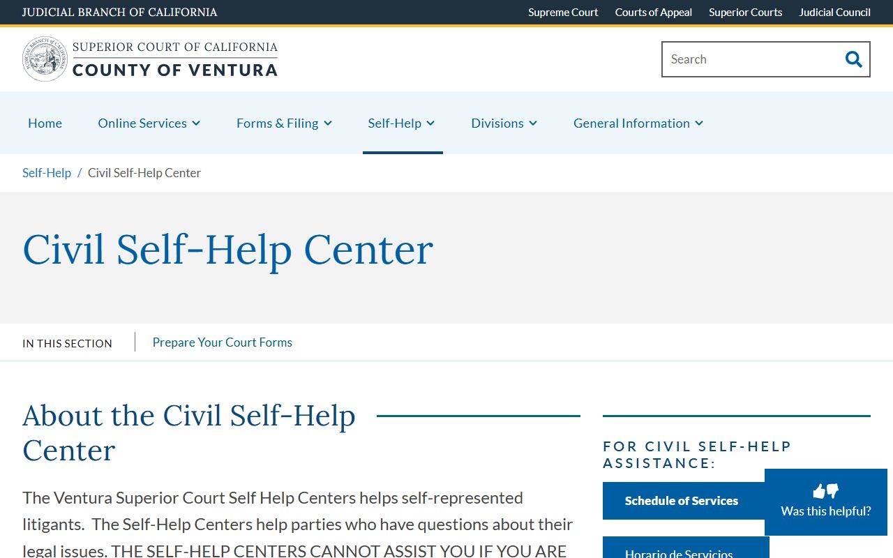Ventura County court self-help center for docket and case file questions
