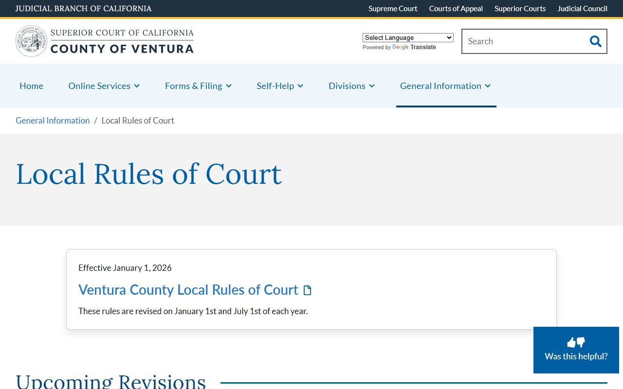 Ventura County local rules page covering court docket and motion procedures