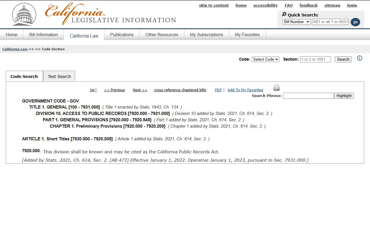 Ventura County court records and CPRA Government Code section 7920.000 on California Legislative Information