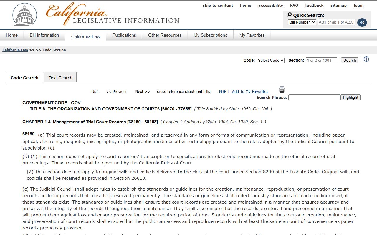 Ventura County court records preservation under Government Code section 68150 on California Legislative Information