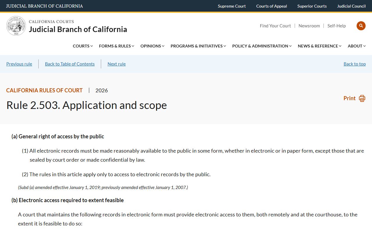 California Rule of Court 2.503 on electronic court record access for Ventura County