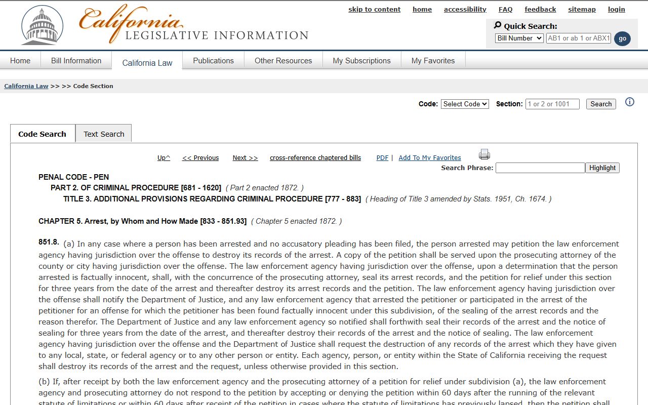 Ventura County criminal record sealing under California Penal Code 851.8 on the California Legislative Information site