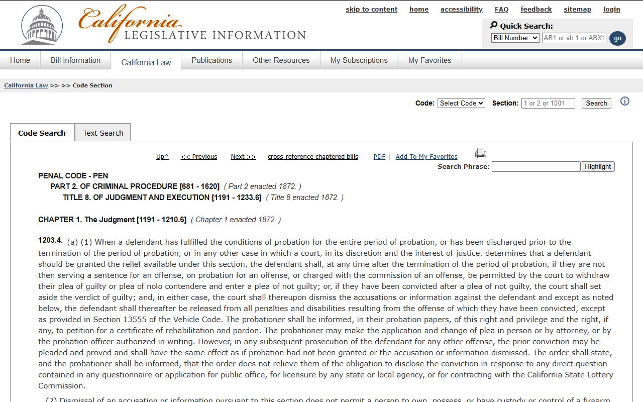 Ventura County criminal record dismissal under California Penal Code 1203.4 on the California Legislative Information site