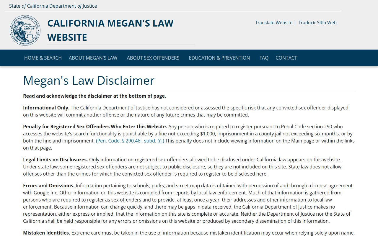 California Megan's Law sex offender registry for Ventura County